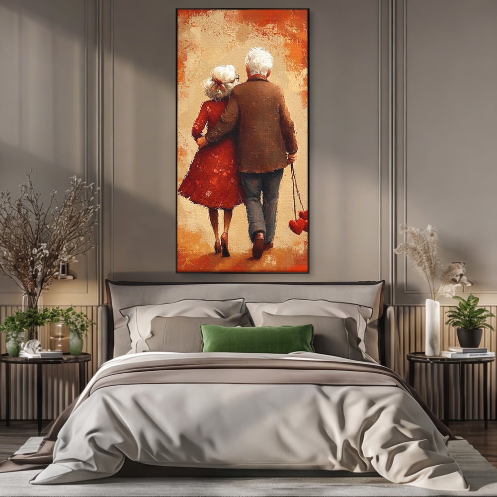 Tablou canvas cu pictura cu un cuplu in varsta imbratisat, in rama de aluminiu negru, pe perete intr-un dormitor